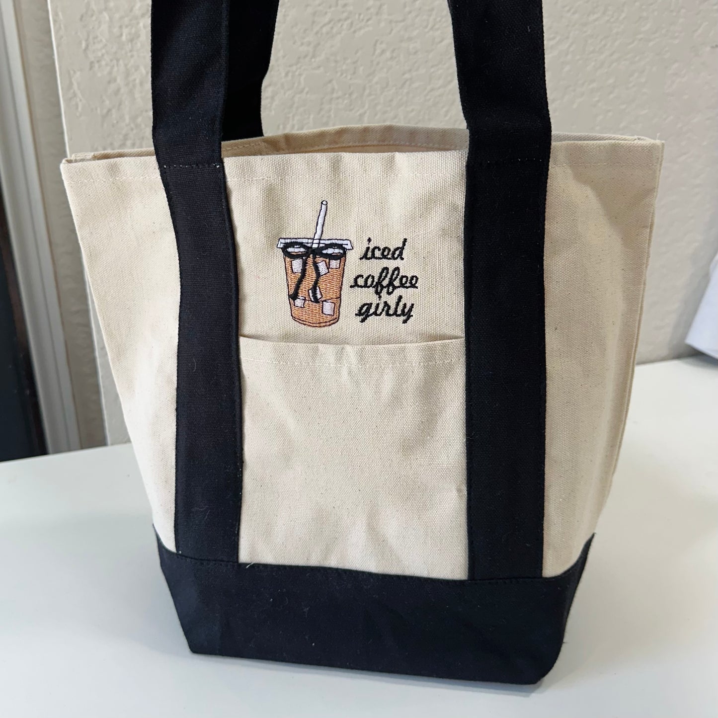 Iced Coffee Girly Embroidered Canvas Tote Bag