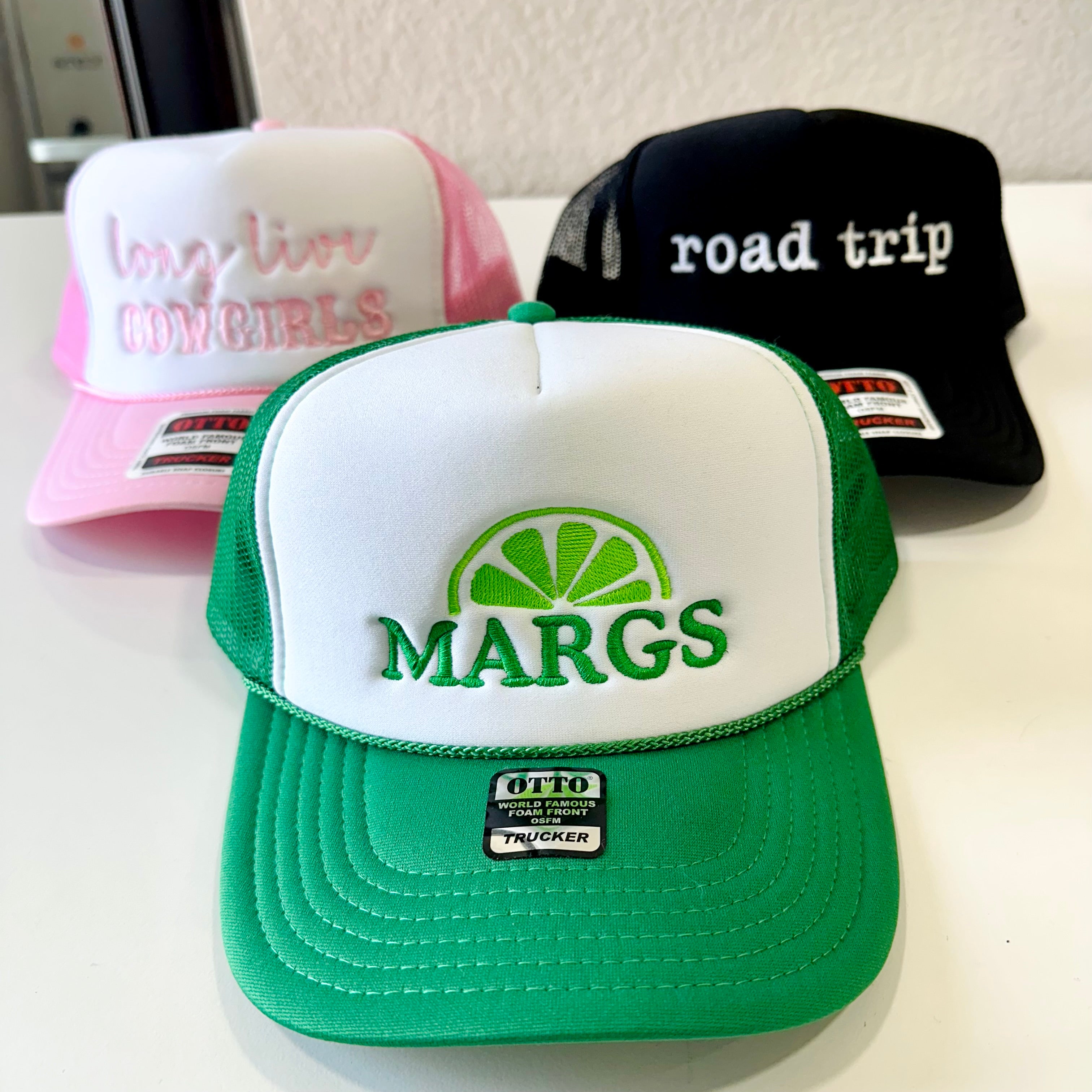 Embroidered Foam Trucker Hats Long Live Cowgirls, Road Trip, Margs