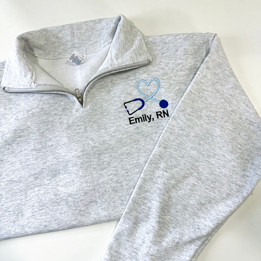 Nurse Personalized with Name Quarter Zip Pullover Embroidered