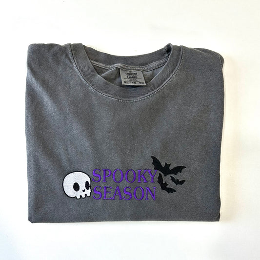 Spooky Season Bats & Skull Embroidered Tshirt