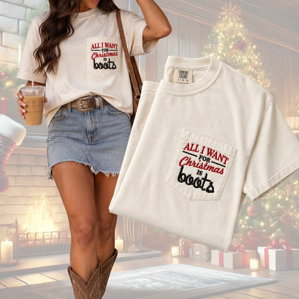 All I Want For Christmas Is Boots Embroidered Pocket Tshirt